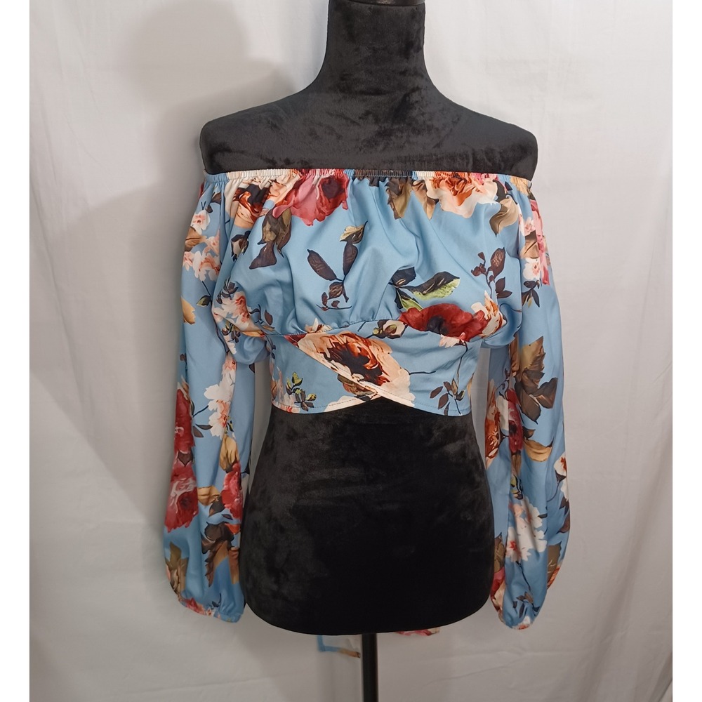Women's Blue Floral Off Shoulder Daisy Duke Southern Charm Waist Tie Crop Size L - Picture 3 of 9